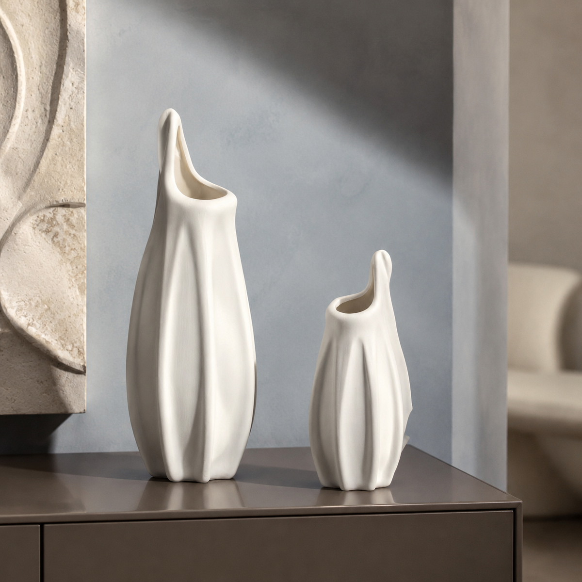 Petalfold Vase pair in a contemporary architectural interior