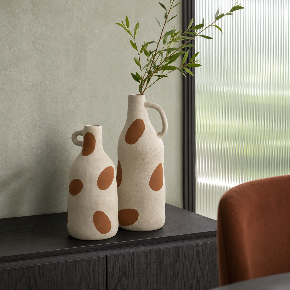 Terra Dot Vase pair in a modern dining interior